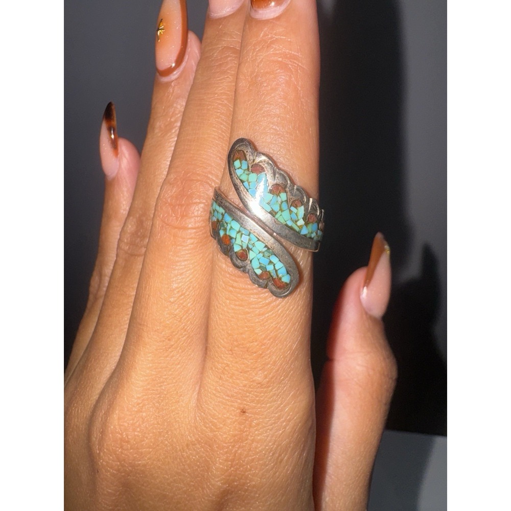 STERLING SILVER NATIVE AMERICAN NAVAJO 925  TURQUOISE & CORAL INLAY WRAP RING LB